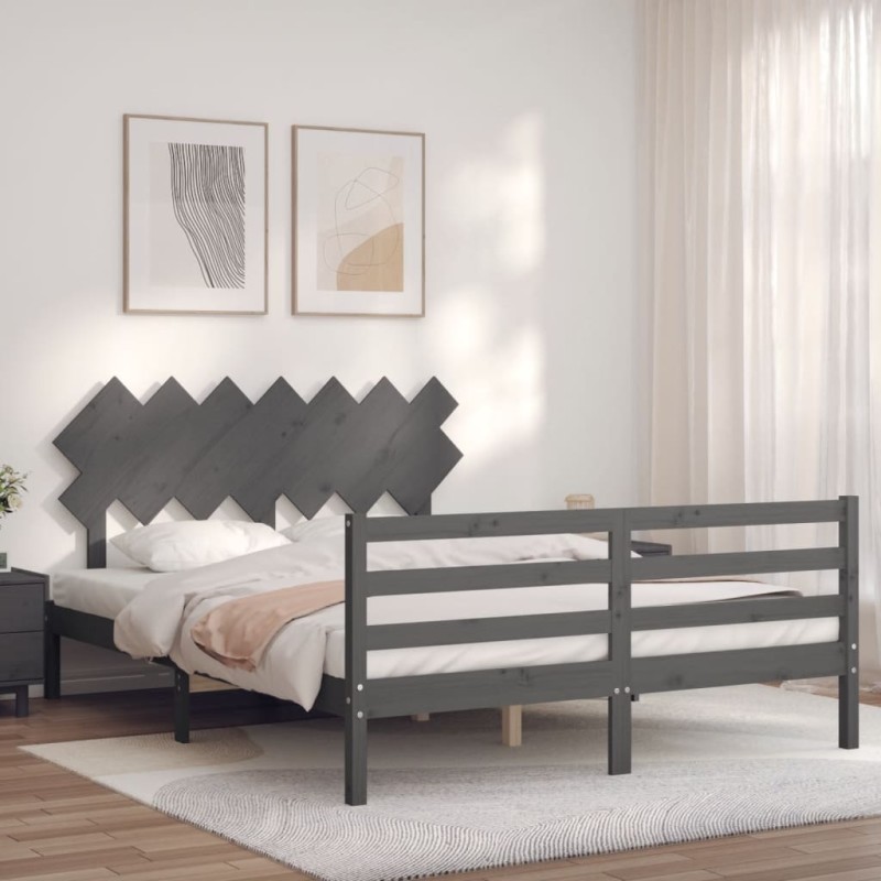 vidaXL Massivholzbett mit Kopfteil Grau 140x190 cm vidaXL Massivholzbett mit Kopfteil Grau 140x190 cm