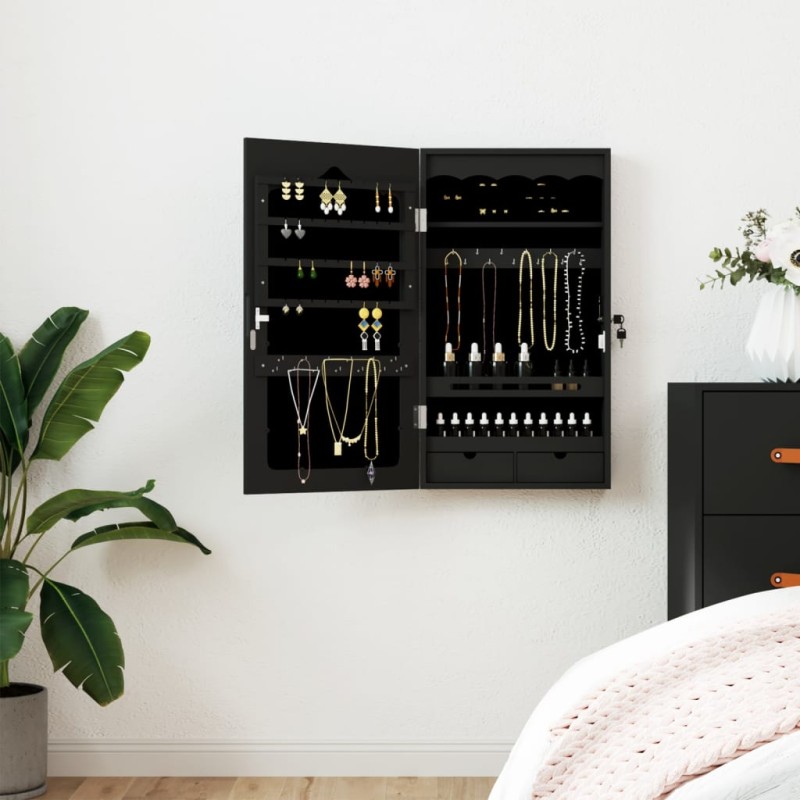 Schmuckschrank mit Spiegel Wandmontage Schwarz 37,5x10x67 cm Schmuckschrank mit Spiegel Wandmontage Schwarz 37,5x10x67 cm