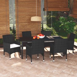 vidaXL 7-tlg. Garten-Essgruppe mit Kissen Poly Rattan Schwarz