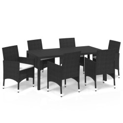 vidaXL 7-tlg. Garten-Essgruppe mit Kissen Poly Rattan Schwarz