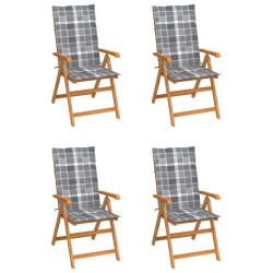 vidaXL Gartenstühle 4 Stk. Graue Karomuster-Kissen Massivholz Teak