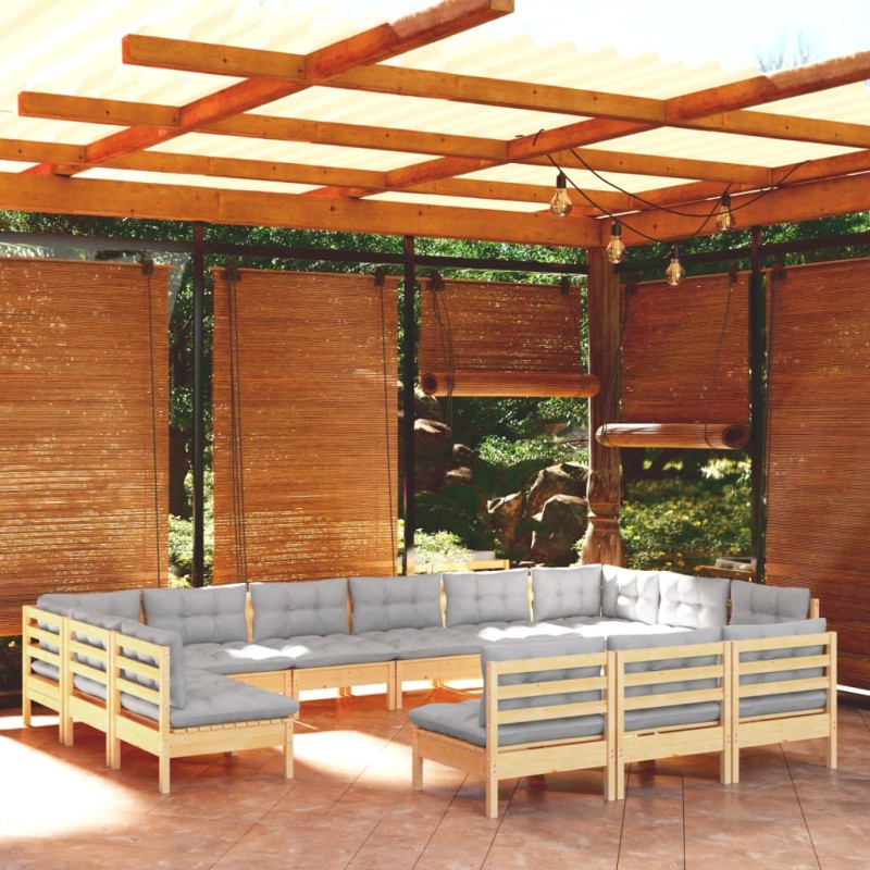 vidaXL 13-tlg. Garten-Lounge-Set mit Grauen Kissen Kiefer Massivholz vidaXL 13-tlg. Garten-Lounge-Set mit Grauen Kissen Kiefer Massivholz