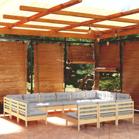 vidaXL 13-tlg. Garten-Lounge-Set mit Grauen Kissen Kiefer Massivholz