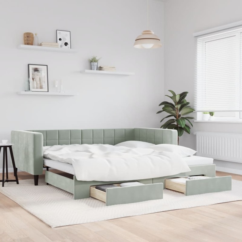 vidaXL Tagesbett Ausziehbar mit Schubladen Hellgrau 100x200 cm Samt vidaXL Tagesbett Ausziehbar mit Schubladen Hellgrau 100x200 cm Samt