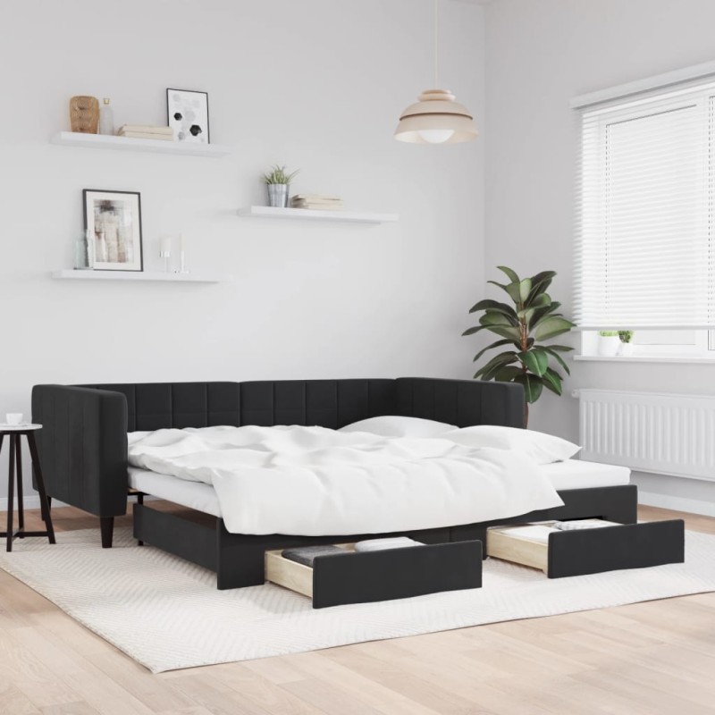 vidaXL Tagesbett Ausziehbar mit Schubladen Schwarz 100x200 cm Samt vidaXL Tagesbett Ausziehbar mit Schubladen Schwarz 100x200 cm Samt