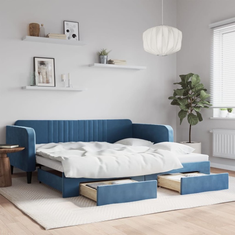 vidaXL Tagesbett Ausziehbar mit Schubladen Blau 100x200 cm Samt vidaXL Tagesbett Ausziehbar mit Schubladen Blau 100x200 cm Samt