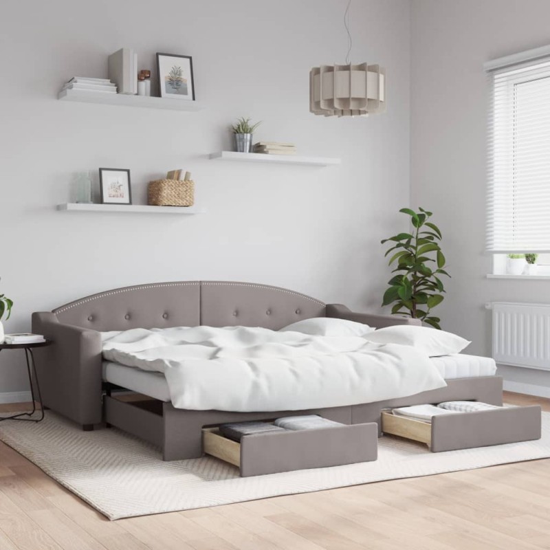 vidaXL Tagesbett Ausziehbar mit Schubladen Taupe 90x200 cm Stoff vidaXL Tagesbett Ausziehbar mit Schubladen Taupe 90x200 cm Stoff