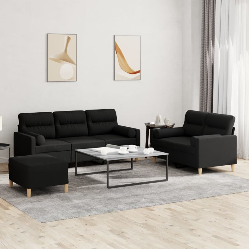 vidaXL 3-tlg. Sofagarnitur mit Kissen Schwarz Stoff vidaXL 3-tlg. Sofagarnitur mit Kissen Schwarz Stoff