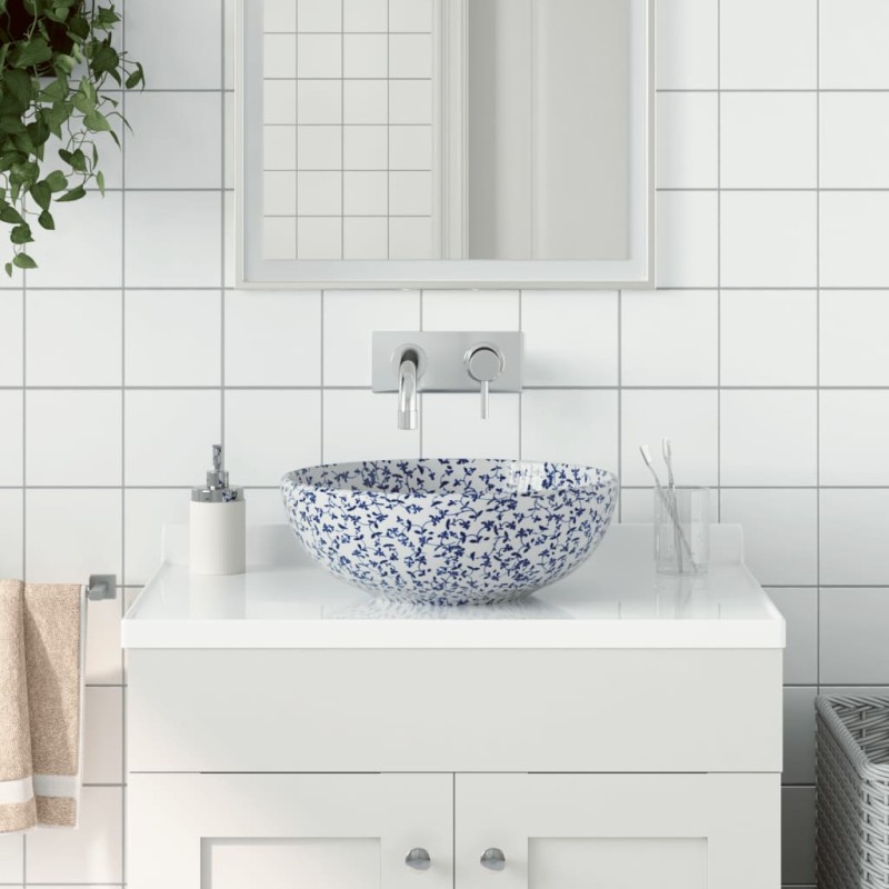 vidaXL Aufsatzwaschbecken Weiß und Blau Rund Ø41x14 cm Keramik vidaXL Aufsatzwaschbecken Weiß und Blau Rund Ø41x14 cm Keramik