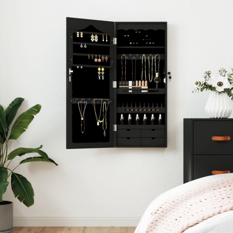 Schmuckschrank mit Spiegel Wandmontage Schwarz 37,5x10x90 cm Schmuckschrank mit Spiegel Wandmontage Schwarz 37,5x10x90 cm