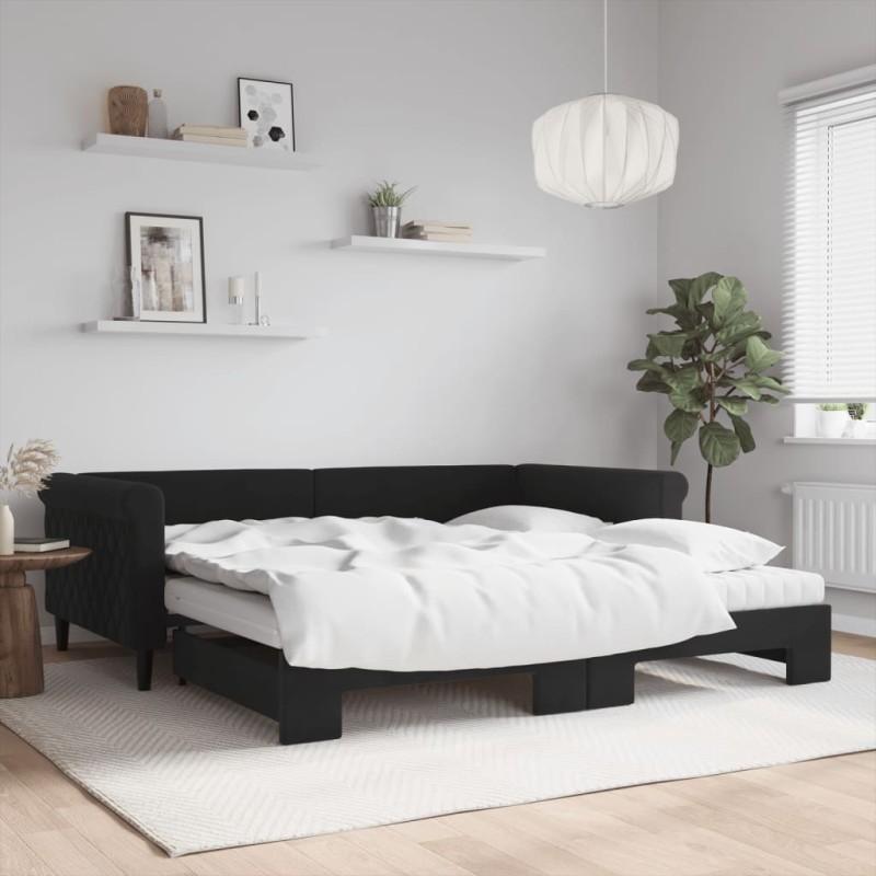 vidaXL Tagesbett Ausziehbar mit Matratzen Schwarz 100x200 cm Samt vidaXL Tagesbett Ausziehbar mit Matratzen Schwarz 100x200 cm Samt