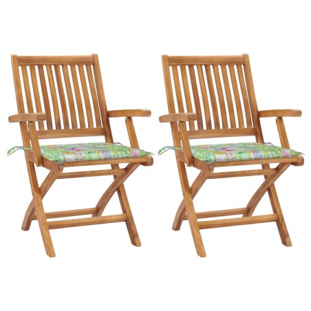 vidaXL Gartenstühle 2 Stk. mit Blattmuster-Kissen Massivholz Teak