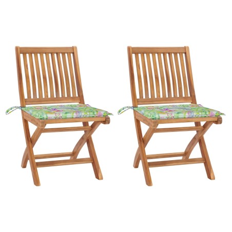 vidaXL Gartenstühle 2 Stk. mit Blattmuster-Kissen Massivholz Teak