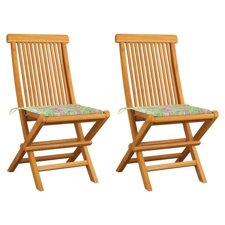 vidaXL Gartenstühle mit Blattmuster-Kissen 2 Stk. Massivholz Teak