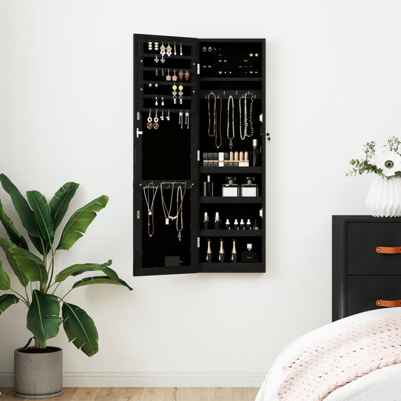 Spiegel-Schmuckschrank mit LED-Beleuchtung Wandmontage Schwarz Spiegel-Schmuckschrank mit LED-Beleuchtung Wandmontage Schwarz