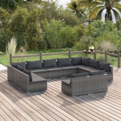 vidaXL 11-tlg. Garten-Lounge-Set mit Kissen Grau Poly Rattan