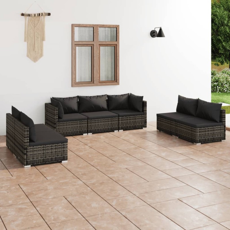 vidaXL 7-tlg. Garten-Lounge-Set mit Kissen Poly Rattan Grau vidaXL 7-tlg. Garten-Lounge-Set mit Kissen Poly Rattan Grau