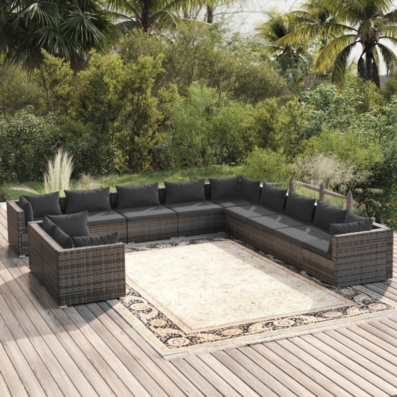vidaXL 11-tlg. Garten-Lounge-Set mit Kissen Grau Poly Rattan vidaXL 11-tlg. Garten-Lounge-Set mit Kissen Grau Poly Rattan