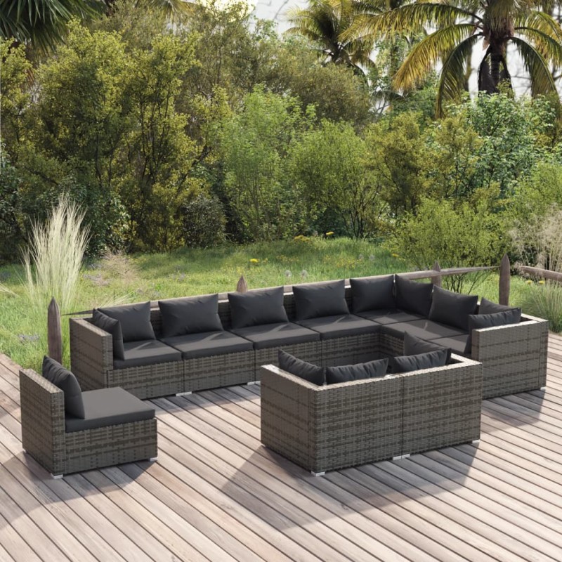 vidaXL 10-tlg. Garten-Lounge-Set mit Kissen Poly Rattan Grau vidaXL 10-tlg. Garten-Lounge-Set mit Kissen Poly Rattan Grau