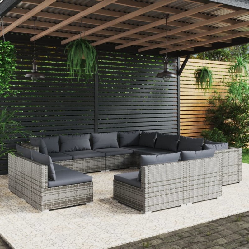 vidaXL 11-tlg. Garten-Lounge-Set mit Kissen Grau Poly Rattan vidaXL 11-tlg. Garten-Lounge-Set mit Kissen Grau Poly Rattan