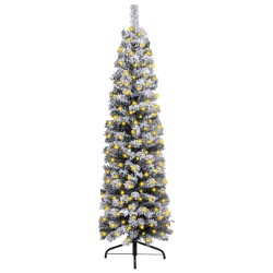 vidaXL Weihnachtsbaum Schlank mit Beleuchtung & Schnee Grün 120 cm PVC