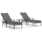 vidaXL Sonnenliegen 2 Stk. mit Tisch und Auflagen Grau Poly Rattan vidaXL Sonnenliegen 2 Stk. mit Tisch und Auflagen Grau Poly Rattan