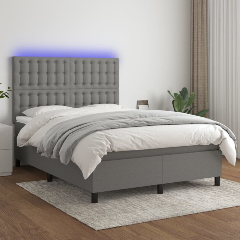 vidaXL Boxspringbett mit Matratze & LED Dunkelgrau 140x200 cm Stoff vidaXL Boxspringbett mit Matratze & LED Dunkelgrau 140x200 cm Stoff