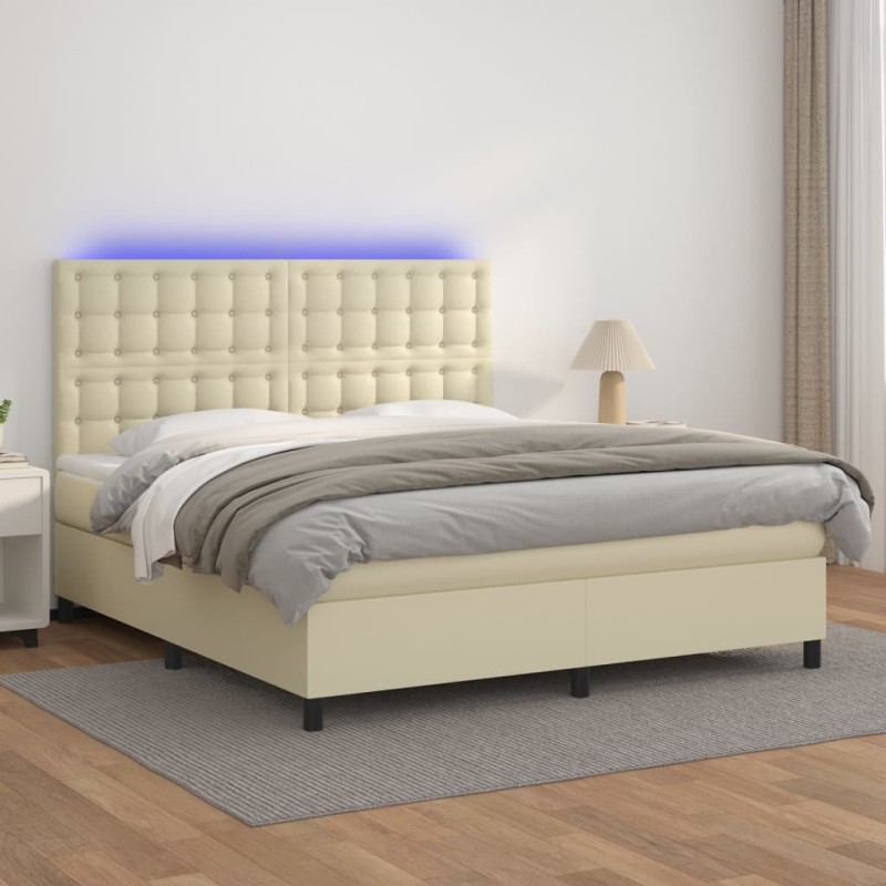 vidaXL Boxspringbett mit Matratze & LED Creme 160x200 cm Kunstleder vidaXL Boxspringbett mit Matratze & LED Creme 160x200 cm Kunstleder