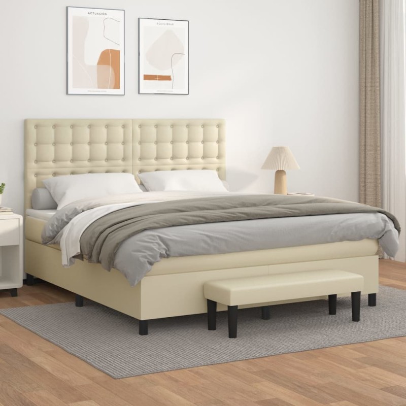 vidaXL Boxspringbett mit Matratze Creme 160x200 cm Kunstleder vidaXL Boxspringbett mit Matratze Creme 160x200 cm Kunstleder