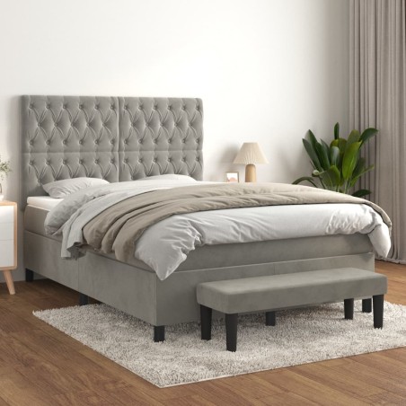 vidaXL Boxspringbett mit Matratze Hellgrau 140x200 cm Samt
