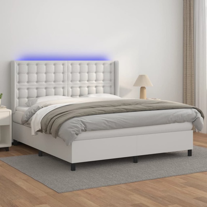 vidaXL Boxspringbett mit Matratze & LED Weiß 160x200 cm Kunstleder vidaXL Boxspringbett mit Matratze & LED Weiß 160x200 cm Kunstleder
