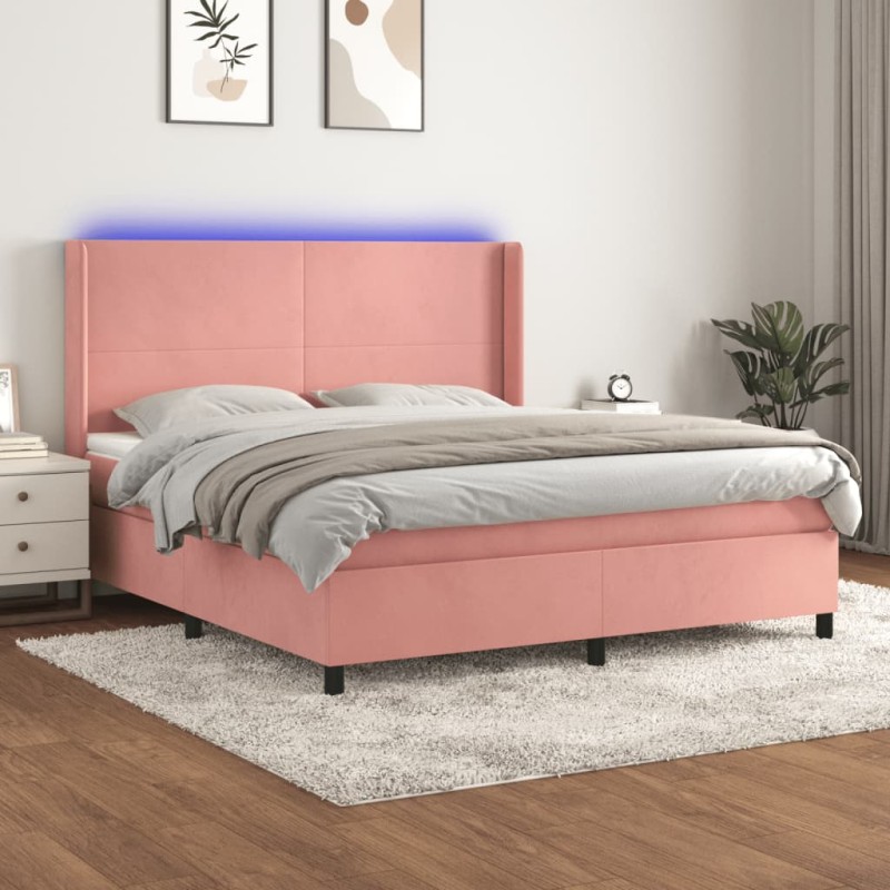 vidaXL Boxspringbett mit Matratze & LED Rosa 160x200 cm Samt vidaXL Boxspringbett mit Matratze & LED Rosa 160x200 cm Samt