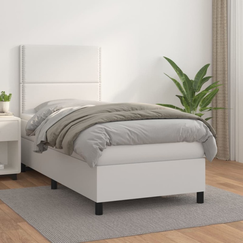 vidaXL Boxspringbett mit Matratze Weiß 90x190 cm Kunstleder vidaXL Boxspringbett mit Matratze Weiß 90x190 cm Kunstleder