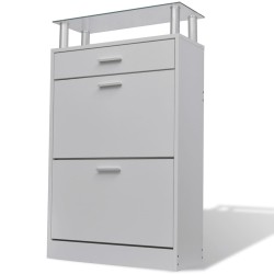 vidaXL Schuhschrank mit Schubfach und oberem Glasregal Holz Weiß