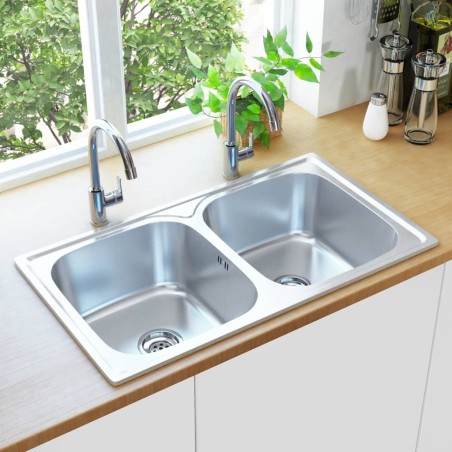 vidaXL Küchenspüle Doppelbecken mit Sieb & Siphon Edelstahl 