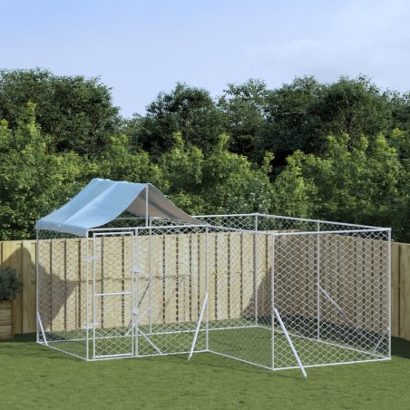 vidaXL Outdoor-Hundezwinger mit Dach Silbern 4x4x2,5m Verzinkter Stahl