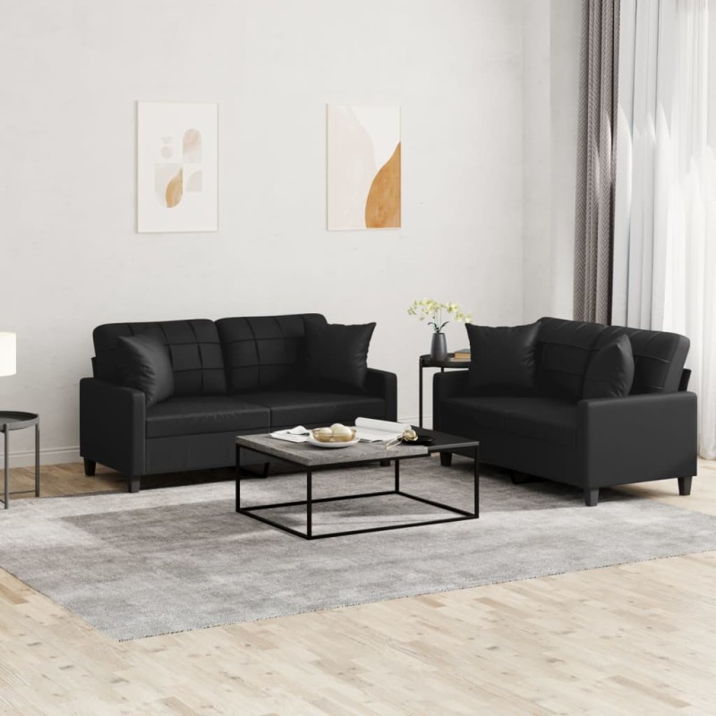 vidaXL 2-tlg. Sofagarnitur mit Kissen Schwarz Kunstleder vidaXL 2-tlg. Sofagarnitur mit Kissen Schwarz Kunstleder