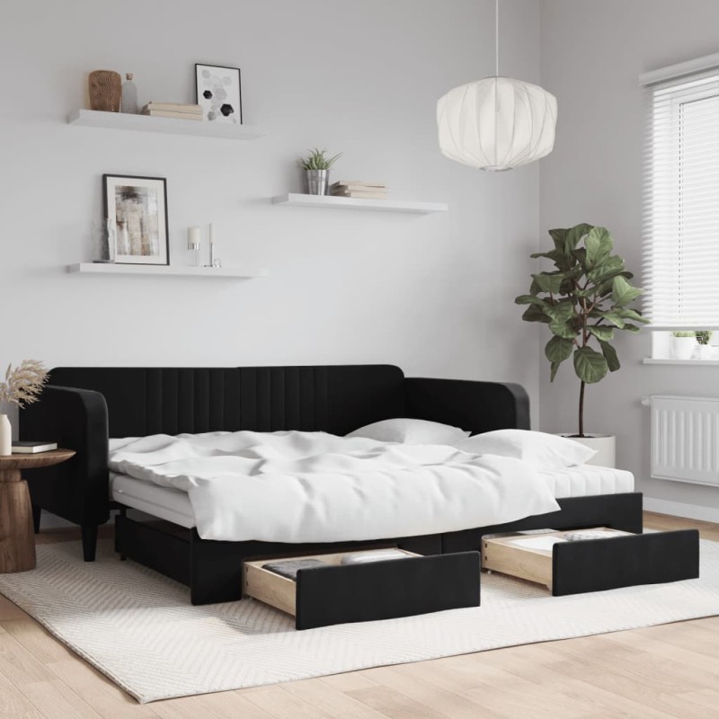 vidaXL Tagesbett Ausziehbar mit Schubladen Schwarz 100x200 cm Samt vidaXL Tagesbett Ausziehbar mit Schubladen Schwarz 100x200 cm Samt