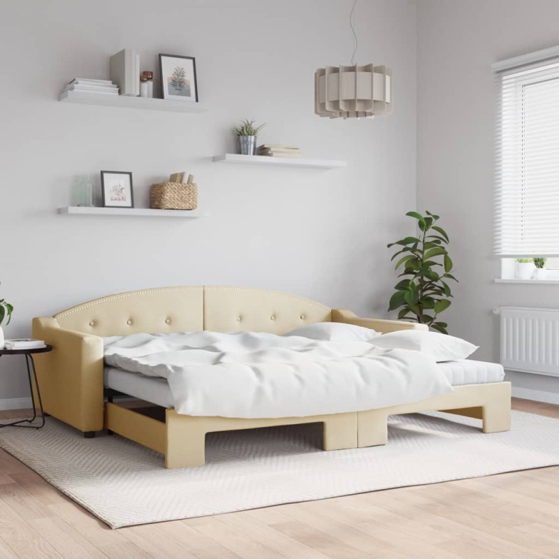 vidaXL Tagesbett Ausziehbar mit Matratzen Creme 90x200 cm Stoff vidaXL Tagesbett Ausziehbar mit Matratzen Creme 90x200 cm Stoff