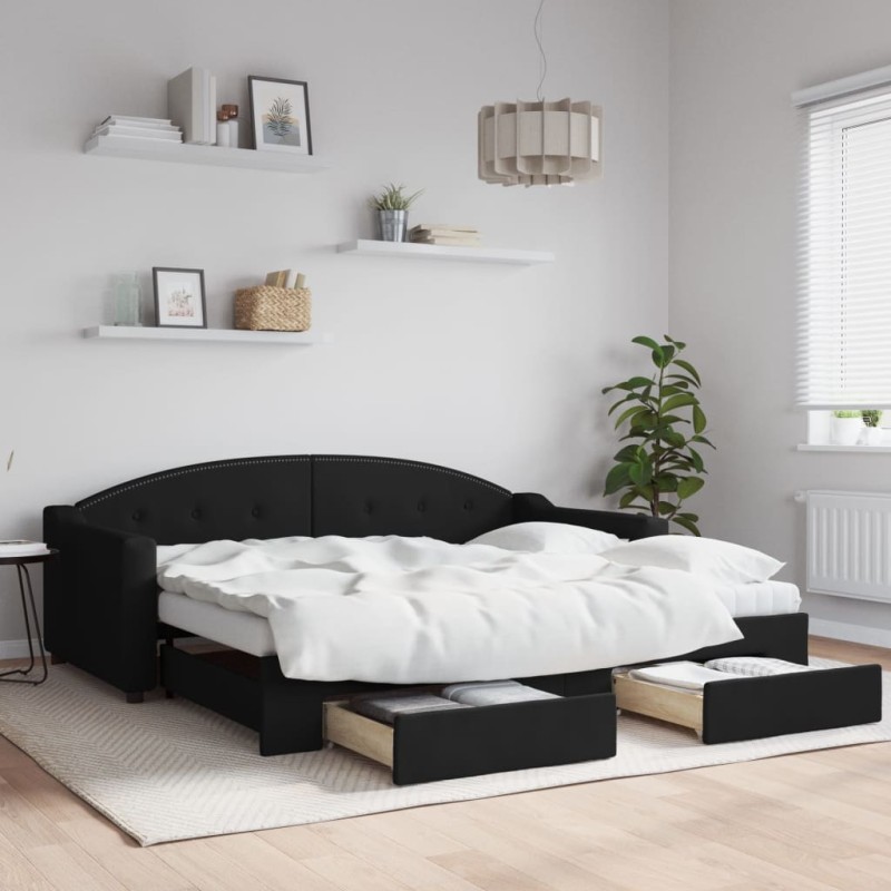 vidaXL Tagesbett Ausziehbar mit Schubladen Schwarz 90x190 cm Stoff vidaXL Tagesbett Ausziehbar mit Schubladen Schwarz 90x190 cm Stoff