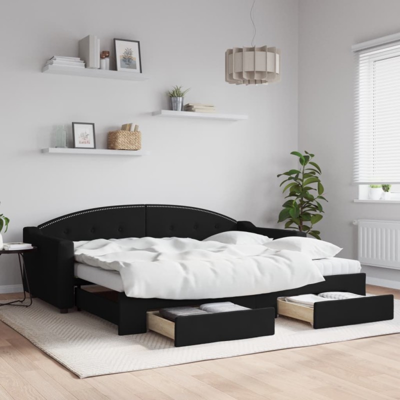vidaXL Tagesbett Ausziehbar mit Schubladen Schwarz 90x200 cm Stoff vidaXL Tagesbett Ausziehbar mit Schubladen Schwarz 90x200 cm Stoff