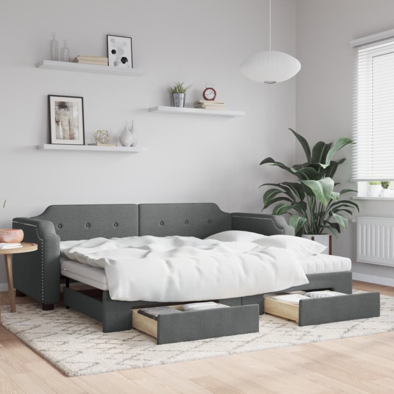 vidaXL Tagesbett Ausziehbar mit Schubladen Dunkelgrau 100x200 cm Stoff vidaXL Tagesbett Ausziehbar mit Schubladen Dunkelgrau 100x200 cm Stoff
