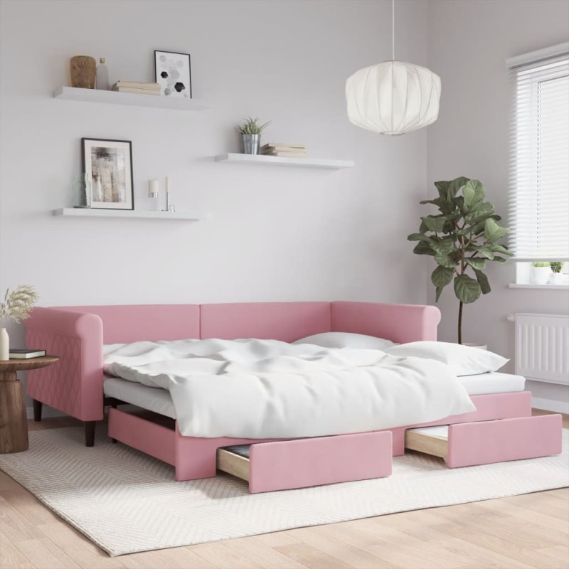 vidaXL Tagesbett Ausziehbar mit Schubladen Rosa 100x200 cm Samt vidaXL Tagesbett Ausziehbar mit Schubladen Rosa 100x200 cm Samt