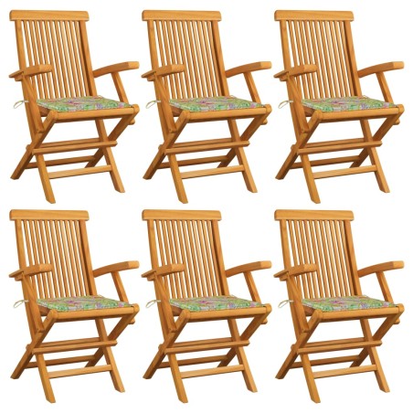 vidaXL Gartenstühle mit Blattmuster-Kissen 6 Stk. Massivholz Teak