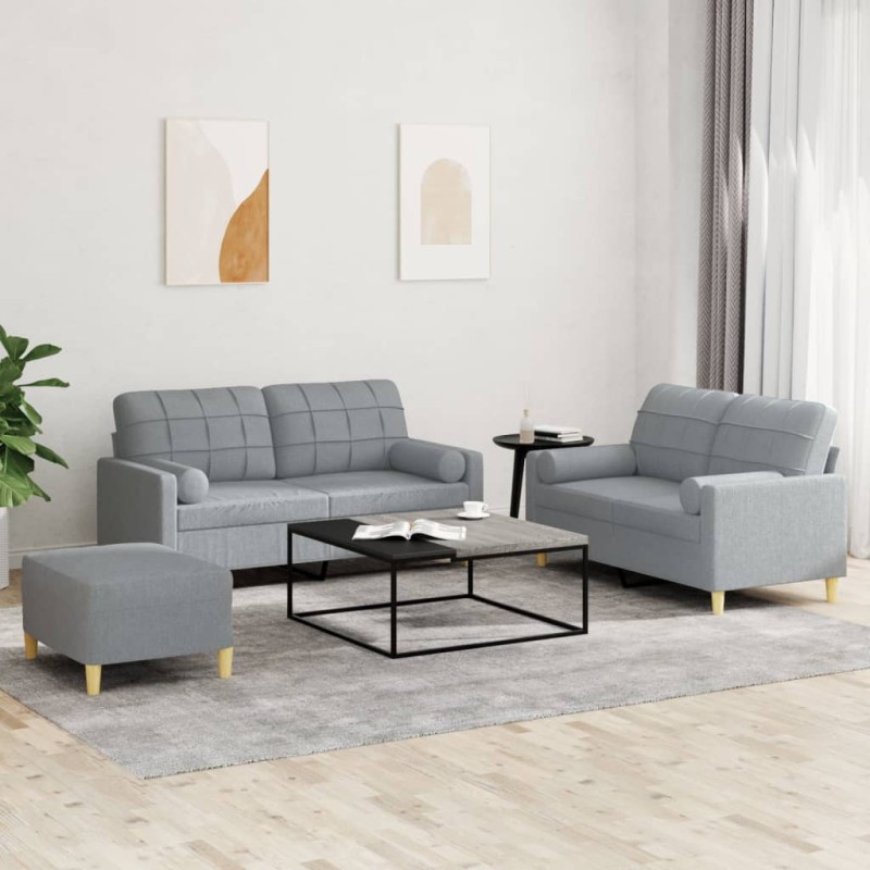 vidaXL 3-tlg. Sofagarnitur mit Kissen Hellgrau Stoff vidaXL 3-tlg. Sofagarnitur mit Kissen Hellgrau Stoff