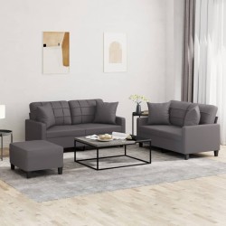 vidaXL 3-tlg. Sofagarnitur mit Kissen Grau Kunstleder