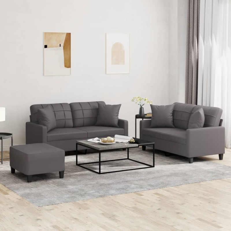 vidaXL 3-tlg. Sofagarnitur mit Kissen Grau Kunstleder vidaXL 3-tlg. Sofagarnitur mit Kissen Grau Kunstleder