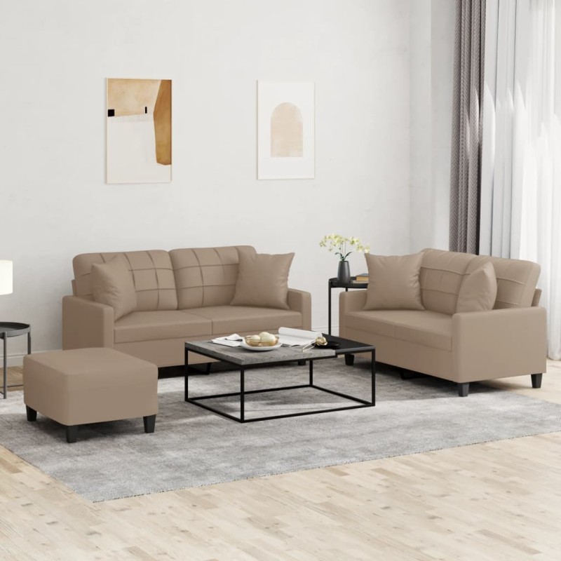 vidaXL 3-tlg. Sofagarnitur mit Kissen Cappuccino-Braun Kunstleder vidaXL 3-tlg. Sofagarnitur mit Kissen Cappuccino-Braun Kunstleder