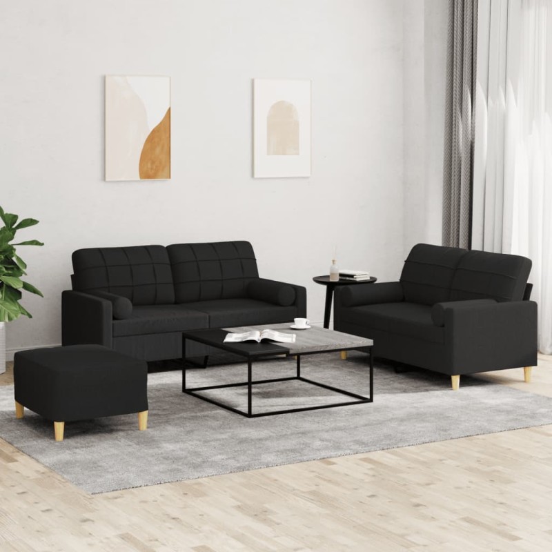 vidaXL 3-tlg. Sofagarnitur mit Kissen Schwarz Stoff vidaXL 3-tlg. Sofagarnitur mit Kissen Schwarz Stoff