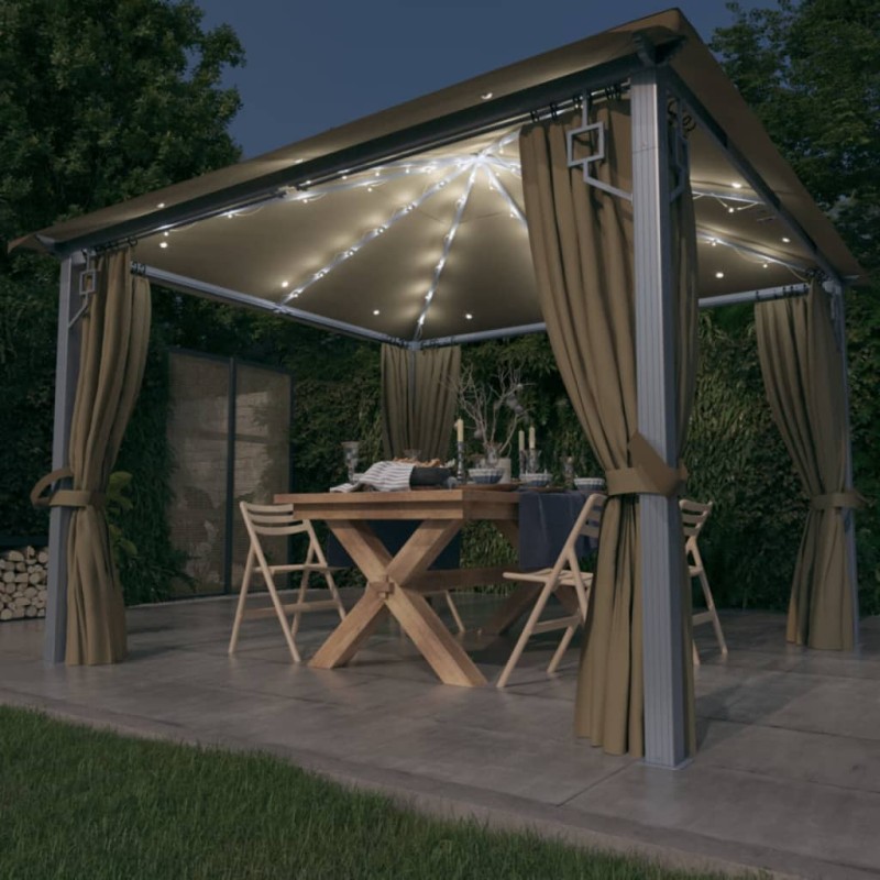 vidaXL Pavillon mit Vorhängen & LED-Lichterkette 300x300 cm Taupe Alu vidaXL Pavillon mit Vorhängen & LED-Lichterkette 300x300 cm Taupe Alu